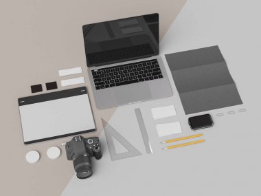 Kurumsal kimlik. Kadar sahte marka. Ofis, banka donatımı, becerikli alet. 3D çizim