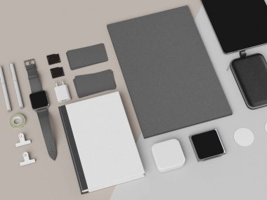 Kurumsal kimlik. Kadar sahte marka. Ofis, banka donatımı, becerikli alet. 3D çizim