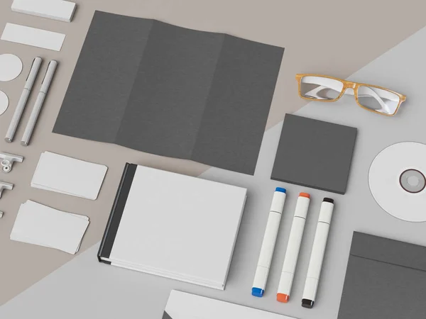Corporate Identity. Branding Mock Up. Kantoorartikelen, Gadgets. 3D illustratie — Stockfoto