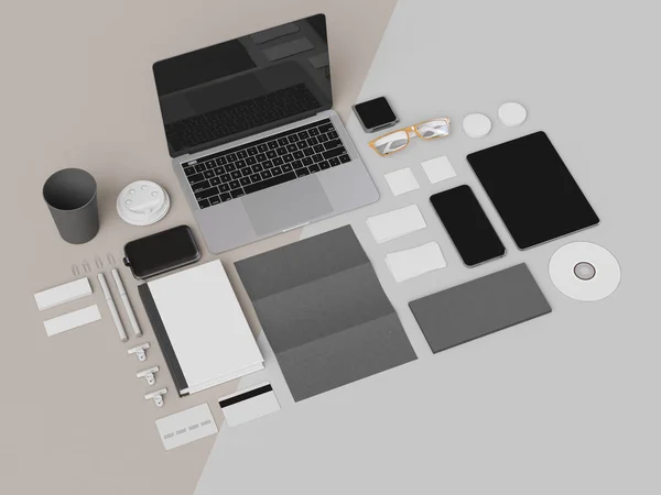 Identidad corporativa. Branding Mock Up. Material de oficina, Gadgets. Ilustración 3D — Foto de Stock