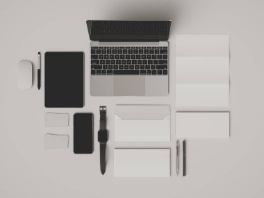 Kurumsal kimlik. Kadar sahte marka. Ofis, banka donatımı, becerikli alet. 3D çizim