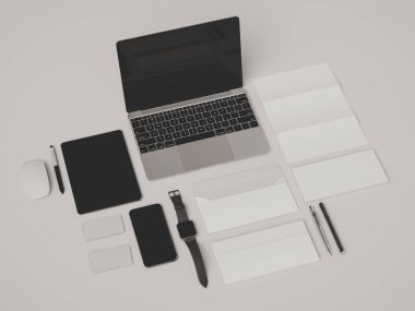 Kurumsal kimlik. Kadar sahte marka. Ofis, banka donatımı, becerikli alet. 3D çizim