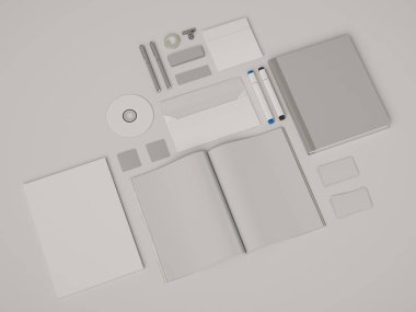 Kurumsal kimlik. Kadar sahte marka. Ofis, banka donatımı, becerikli alet. 3D çizim