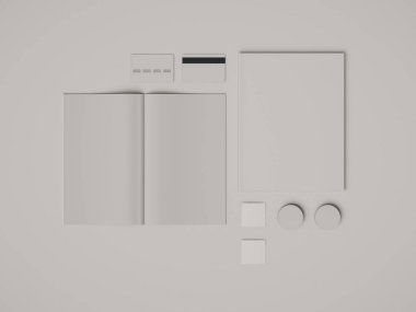 Kurumsal kimlik. Kadar sahte marka. Ofis, banka donatımı, becerikli alet. 3D çizim