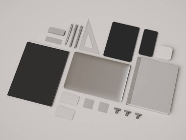 Kurumsal kimlik. Kadar sahte marka. Ofis, banka donatımı, becerikli alet. 3D çizim