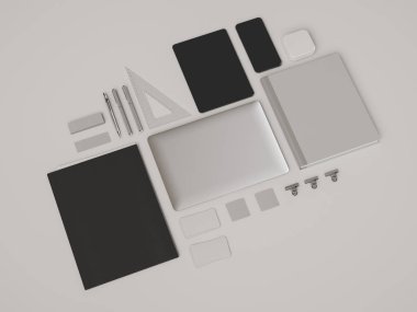 Kurumsal kimlik. Kadar sahte marka. Ofis, banka donatımı, becerikli alet. 3D çizim