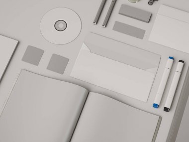 Kurumsal kimlik. Kadar sahte marka. Ofis, banka donatımı, becerikli alet. 3D çizim