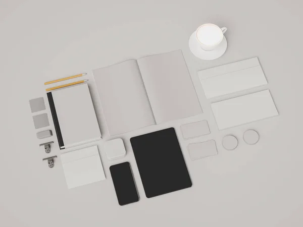 Corporate Identity. Branding Mock Up. Kantoorartikelen, Gadgets. 3D illustratie — Stockfoto