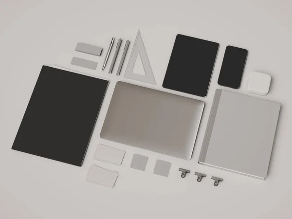 Corporate Identity. Branding Mock Up. Kantoorartikelen, Gadgets. 3D illustratie — Stockfoto