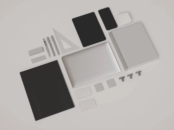 Identita 'aziendale. Branding finto. Forniture d'ufficio, Gadgets. Illustrazione 3D — Foto Stock