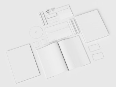 Kadar sahte marka ve beyaz ileti örneği. Ofis, banka donatımı, becerikli alet. 3D çizim
