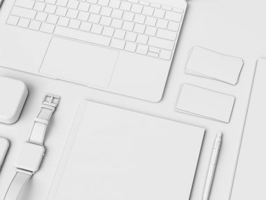 Kadar sahte marka ve beyaz ileti örneği. Ofis, banka donatımı, becerikli alet. 3D çizim