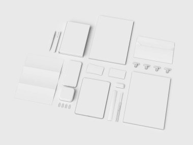 Kadar sahte marka ve beyaz ileti örneği. Ofis, banka donatımı, becerikli alet. 3D çizim