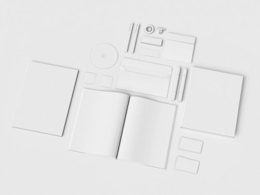 Kadar sahte marka ve beyaz ileti örneği. Ofis, banka donatımı, becerikli alet. 3D çizim