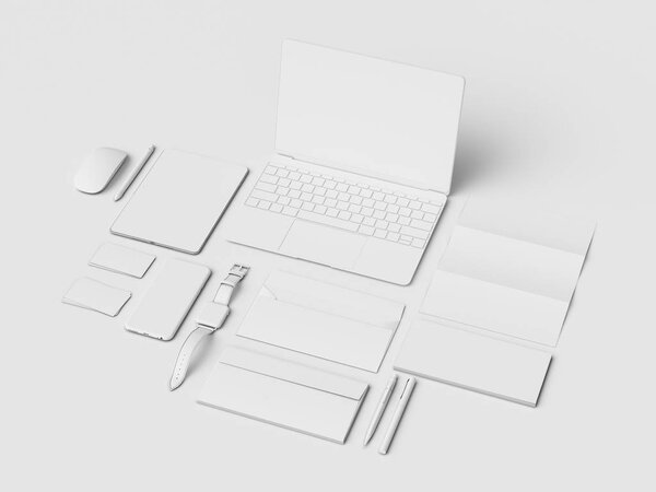 Branding Mock up & White Stationery. Office supplies, Gadgets. 3D illustration