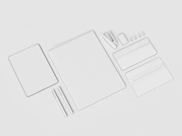 모의를 브랜딩 & 화이트 편지지 사무 용품, 가제트 3 차원 일러스트 레이 션 — 스톡 사진