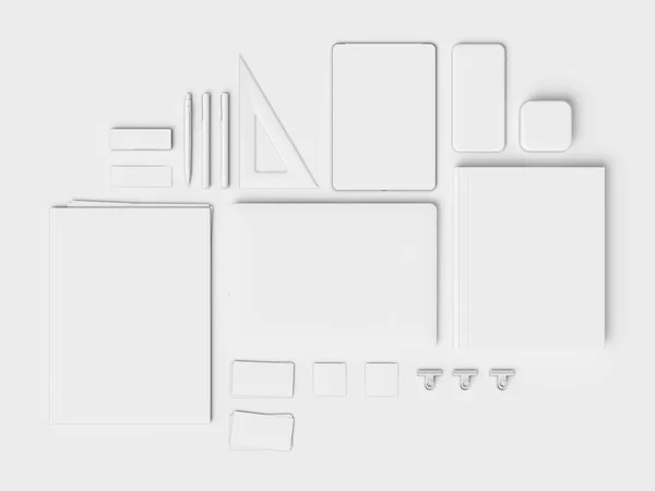 모의를 브랜딩 & 화이트 편지지 사무 용품, 가제트 3 차원 일러스트 레이 션 — 스톡 사진