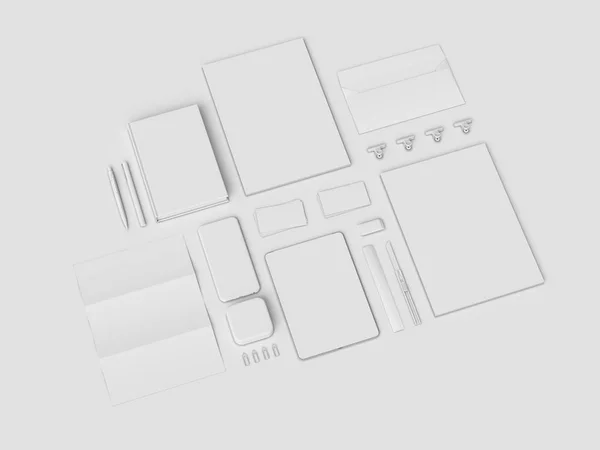 Branding Mock up & valkoinen paperi. Toimistotarvikkeita. 3D-kuva — kuvapankkivalokuva
