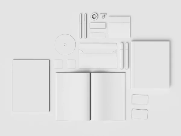 Branding Mock up & vit brevpapper. Kontorsmaterial, prylar. 3D illustration — Stockfoto