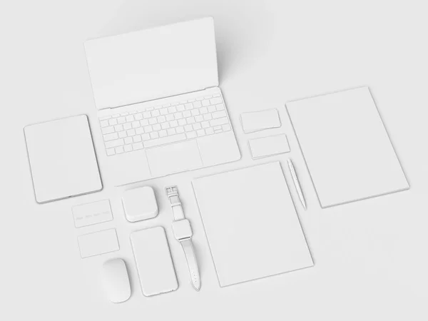 Branding Mock Up & White Papeterie. Bürobedarf, Gadgets. 3D-Illustration — Stockfoto