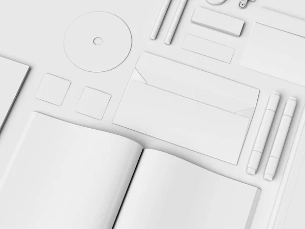 Branding Mock up & White Stationery (en inglés). Material de oficina, Gadgets. Ilustración 3D —  Fotos de Stock