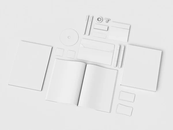 Branding Mock up & Cancelleria bianca. Forniture d'ufficio, Gadgets. Illustrazione 3D — Foto Stock