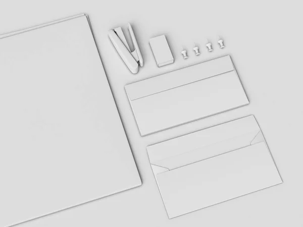 Branding Mock up & λευκό χαρτικά. Είδη γραφείου, Gadgets. 3D απεικόνιση — Φωτογραφία Αρχείου