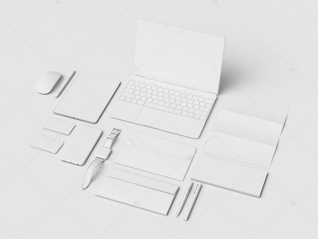 Branding Mock up & White Stationery. Office supplies, Gadgets. 3D illustration