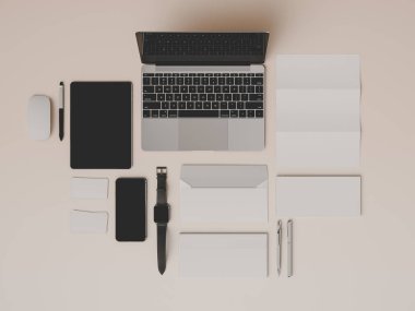 Kadar sahte marka. Ofis, banka donatımı, becerikli alet. 3D çizim