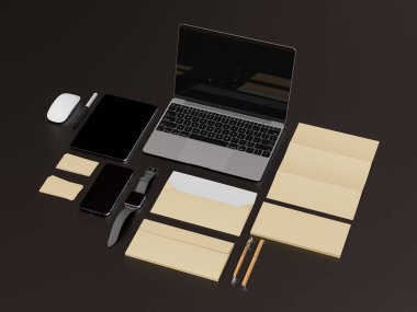 Kadar sahte marka. Ofis, banka donatımı, becerikli alet. 3D çizim