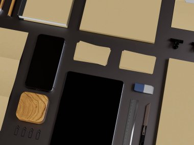 Kadar sahte marka. Ofis, banka donatımı, becerikli alet. 3D çizim