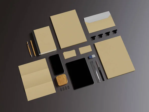 Branding Mock Up. Material de oficina, Gadgets. Ilustración 3D — Foto de Stock