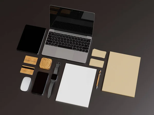 Branding Mock up. Office supplies, Gadgets. 3D illustration — Stock Photo, Image