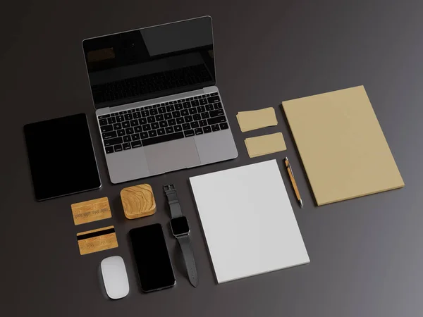Branding Mock Up. Material de escritório, Gadgets. Ilustração 3D — Fotografia de Stock