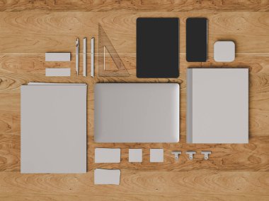 Kadar sahte marka. Ofis, banka donatımı, becerikli alet. 3D çizim