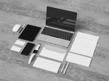 Kurumsal kimlik. Kadar sahte marka. Ofis, banka donatımı, becerikli alet. 3D çizim. Yüksek kalite