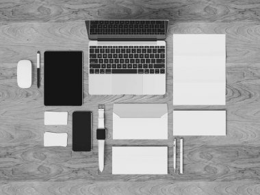 Kurumsal kimlik. Kadar sahte marka. Ofis, banka donatımı, becerikli alet. 3D çizim. Yüksek kalite