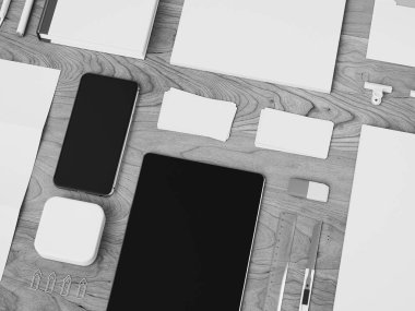 Kurumsal kimlik. Kadar sahte marka. Ofis, banka donatımı, becerikli alet. 3D çizim. Yüksek kalite