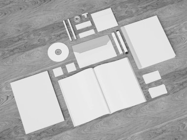 Siyah ve beyaz kırtasiye ve marka Mockup. Ofis, banka donatımı, becerikli alet. 3D çizim