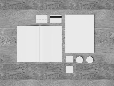 Siyah ve beyaz kırtasiye ve marka Mockup. Ofis, banka donatımı, becerikli alet. 3D çizim