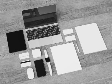 Siyah ve beyaz kırtasiye ve marka Mockup. Ofis, banka donatımı, becerikli alet. 3D çizim