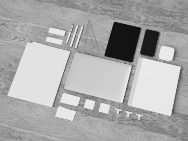 Siyah ve beyaz kırtasiye ve marka Mockup. Ofis, banka donatımı, becerikli alet. 3D çizim