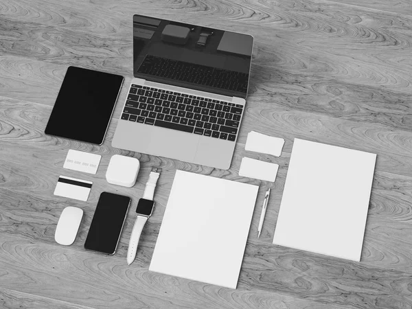 Zwart-wit briefpapier & Branding Mockup. Kantoorartikelen, Gadgets. 3D illustratie — Stockfoto