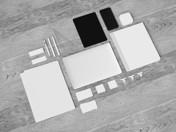 Black and White Stationery & Branding Mockup . Office supplies, Gadgets. 3D illustration — Stock Photo, Image