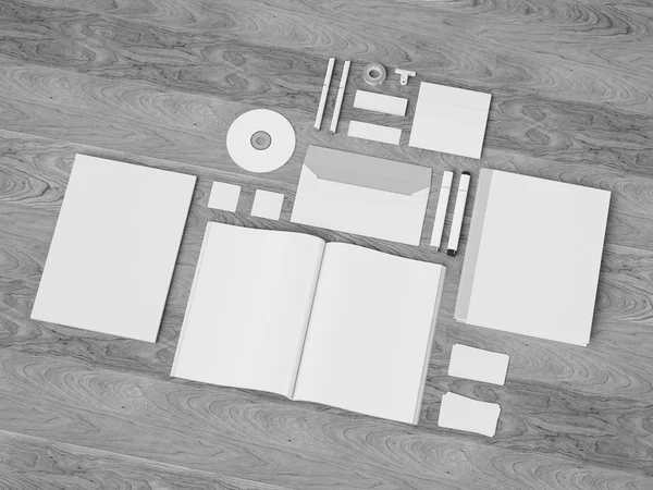 Papelería y Branding Mockup en blanco y negro. Material de oficina, Gadgets. Ilustración 3D —  Fotos de Stock