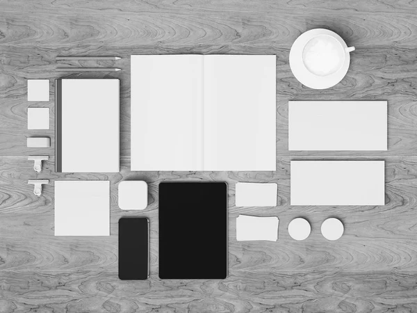 Papelería y Branding Mockup en blanco y negro. Material de oficina, Gadgets. Ilustración 3D — Foto de Stock