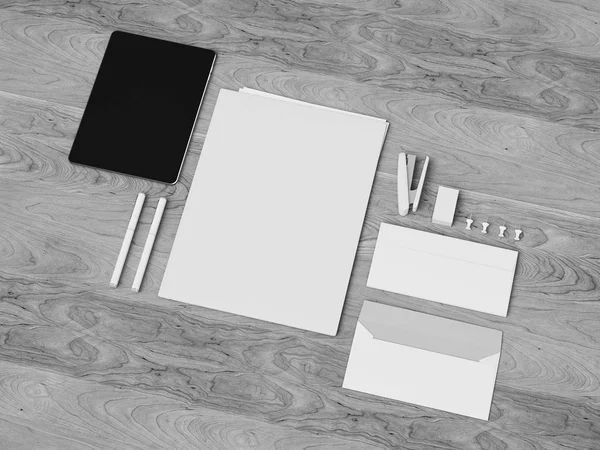 黑色和白色文具 & 品牌样机。办公用品、 小玩意。3d 图 — 图库照片