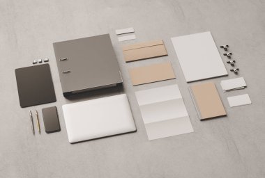 Kurumsal kimlik. Kadar sahte marka. Ofis, banka donatımı, becerikli alet. 3D çizim