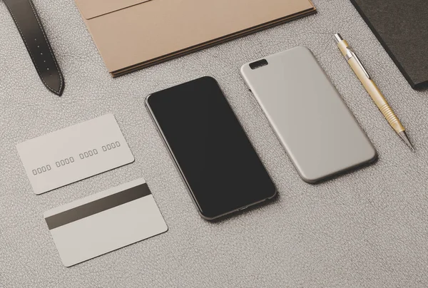 Kurumsal kimlik. Kadar sahte marka. Ofis, banka donatımı, becerikli alet. 3D çizim