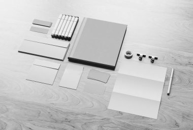 Siyah ve beyaz Kırtasiye mockup sahne marka. 3D çizim